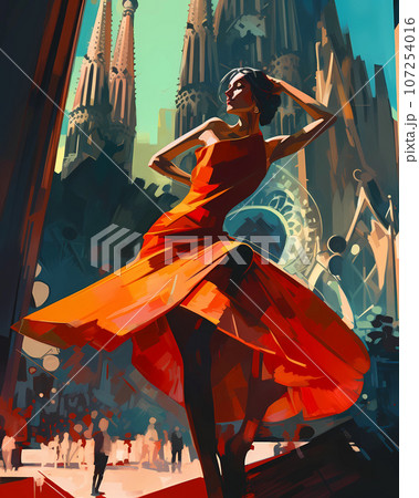 Illustration of beautiful view of the city of Barcelona, Spain 107254016