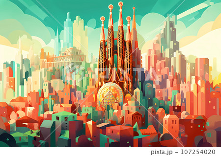 Illustration of beautiful view of the city of Barcelona, Spain 107254020