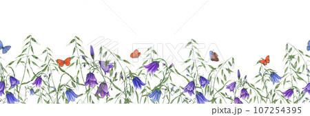 Seamless banner of summer meadow wildflowers. Campanula, bells flowers, harebells, wild oats, orange and blue butterflies. Watercolor illustration. For textile, label, package Seamless banner of summer meadow wildflowers. Campanula, bells flowers, harebells, wild oats, orange and blue butterflies. Watercolor illustration. For textile, label, package 107254395