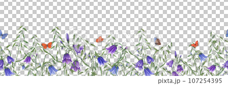 Seamless banner of summer meadow wildflowers. Campanula, bells flowers, harebells, wild oats, orange and blue butterflies. Watercolor illustration. For textile, label, package Seamless banner of summer meadow wildflowers. Campanula, bells flowers, harebells, wild oats, orange and blue butterflies. Watercolor illustration. For textile, label, package 107254395