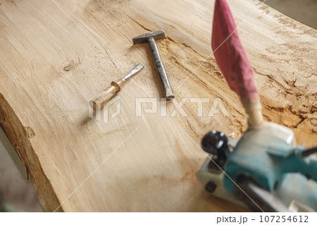Professional electric sander, chisel and hammer is lying on wooden plank in carpentry workshop Professional electric sander, chisel and hammer is lying on wooden plank in carpentry workshop 107254612