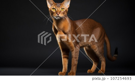 A pedigreed purebred Abyssinian cat at an exhibition of purebred cats. Cat show. Animal exhibition. Competition for the most purebred cat. Winner, first place, main prize 107254693