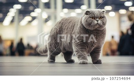 A pedigreed purebred Scottish fold cat at an exhibition of purebred cats. Cat show. Animal exhibition. Competition for the most purebred cat. Winner, first place, main prize 107254694