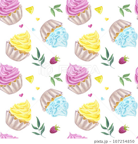 Seamless pattern cupcakes muffins multicolored sweet whipped cream, lemon, raspberry. Pink, yellow, blue. Hand drawn watercolor illustration isolated on white background. For cafe menu pastry shop 107254850