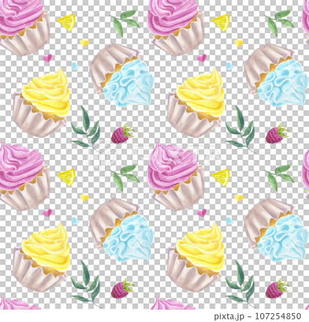 Seamless pattern cupcakes muffins multicolored sweet whipped cream, lemon, raspberry. Pink, yellow, blue. Hand drawn watercolor illustration isolated on white background. For cafe menu pastry shop 107254850