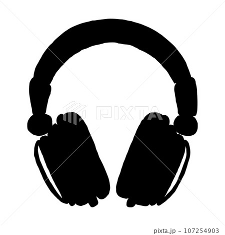 DJ wireless music headphones in silhouette. Earphones flat icon. Headset silhouette, musician equipment. Vector isolated on white. Icon, emblem, clothing print, design element 107254903