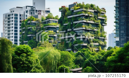 Vertical garden at the heart of a vibrant urban environment. Tall skyscrapers, the walls of which are decorated with cascades of greenery. Green oasis, harmony with nature. Ecological city 107255170