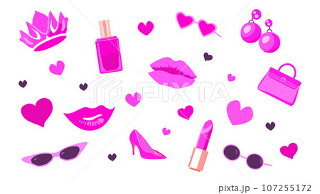 Glamorous trendy pink set. Pink fashion doll accessories. Doll collection for girls. Isolated vector. Crown, perfume, lipstick, lips, kiss, purse, sunglasses, earrings, high heels, hearts 107255172
