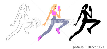 Athletic blonde woman jumping and taking a selfie. Girl blogger jogging leads an online broadcast. In color, silhouette, outline. Vector isolated on white. Sports, healthy lifestyle, social networks 107255174