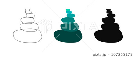 Zen Buddhist stones in a pile. Emerald color, silhouette, outline. Symbol of harmony, balance. Meditation, Spa massage, relaxation. Stones pyramid. Vector isolated on white. Print, decor, textile 107255175