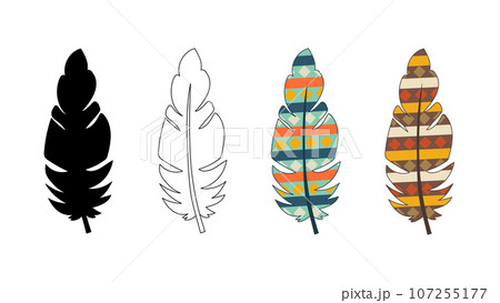 Tribal ethnic bright feathers of Indians. Stylized bird feathers. In color, contour, silhouette. Vector isolated. Indian culture. Design elements. Ornaments in boho style. Hippie 107255177