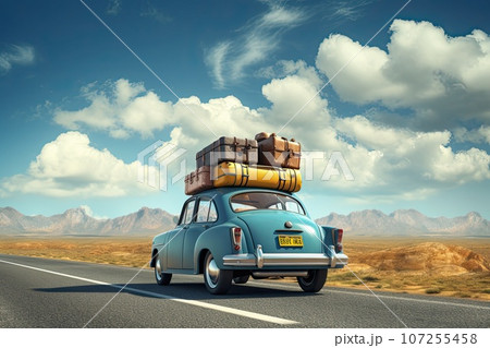 Blue retro car with luggage on the roof. Blue retro car with luggage on the roof. 107255458