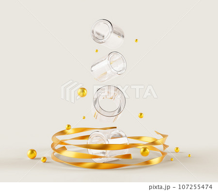 Abstract glass transparent clear cylinders with gold spiral ribbons. Flying plastic or acryl geometric shapes with metal or foil swirl wave lines and golden pearls on white background. 3D illustration Abstract glass transparent clear cylinders with gold spiral ribbons. Flying plastic or acryl geometric shapes with metal or foil swirl wave lines and golden pearls on white background. 3D illustration 107255474