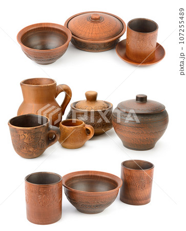 Collection of ceramic tableware isolated on white 107255489