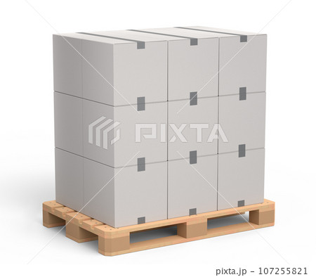 Set of wooden pallet for warehouse cargo storage with cardboard boxes on white 107255821