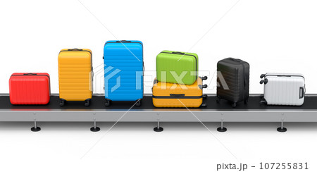 Airport luggage conveyor belt or manufacture line with baggages on white. 107255831