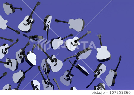 Many of flying acoustic guitars isolated on violet background. 107255860