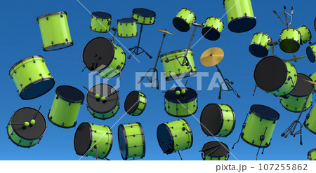 Many of flying drums with metal cymbals or drumset on blue background 107255862