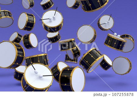 Many of flying drums or drumset on violet background 107255878