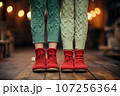 Children's feet in warm boots and woolen tights 107256364