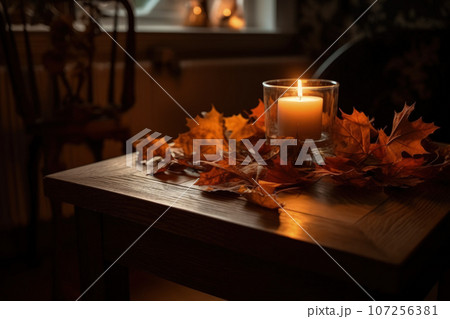 Autumn atmosphere, candles and autumn leaves on a wooden table Autumn atmosphere, candles and autumn leaves on a wooden table 107256381