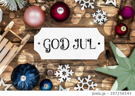 Christmas Decor, Wooden And Colorful With Swedish Text God Jul 107256545