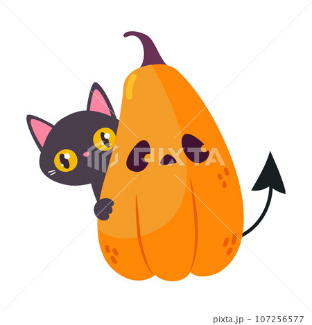 Halloween with Cat Sitting Behind Orange Pumpkin Vector Illustration Halloween with Cat Sitting Behind Orange Pumpkin Vector Illustration 107256577