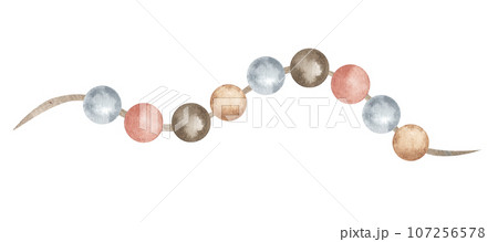 Watercolor illustration of grey, beige, brown, red beads ornament. Isolated illustration on white background. Child nursery item hand drawn. 107256578