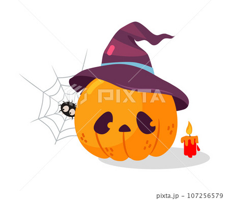 Halloween with Orange Pumpkin in Witch Hat with Spider Net Vector Illustration 107256579