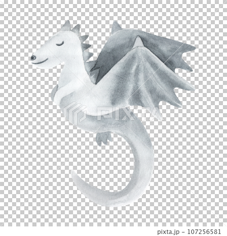 Cute grey dragon clipart, isolated watercolor illustration. 107256581