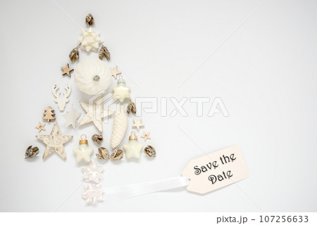 Christmas Tree Out Of Christmas Decoration With Label With Text Save The Date 107256633