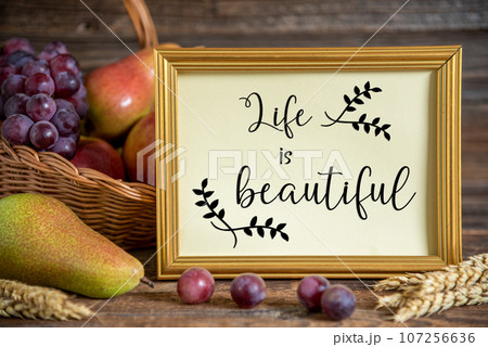 Fall Decoration with Fruits and Text Life Is Beautiful Fall Decoration with Fruits and Text Life Is Beautiful 107256636