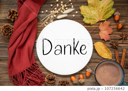 Autumn Decorated Flat Lay With Text Danke 107256642