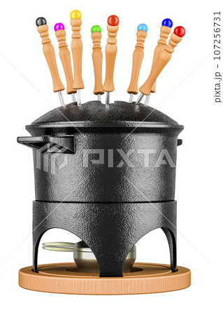 Cast Iron Fondue Pot with Forks, Fondue set. 3D rendering 107256731