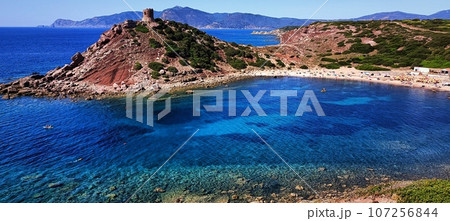 Rocky Coast of the Mediterranean Sea landscape. Sunny summer day background. Blue sky line, sea water beauty 107256844