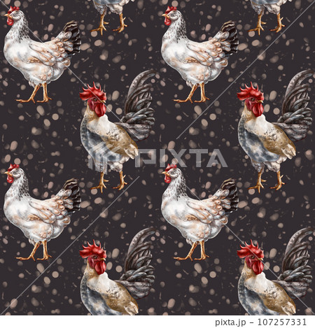 Seamless pattern of their farm chickens and roosters. Simple rural life, farm animals, nature and plants. Poultry on the ranch. Digital illustration, background Seamless pattern of their farm chickens and roosters. Simple rural life, farm animals, nature and plants. Poultry on the ranch. Digital illustration, background 107257331