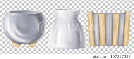 A set of garden pots made of concrete and wood in watercolor style. Garden tools, home decor, flower vases, designer tableware. Illustration on a white background. Cultivation of greenery and plants 107257338