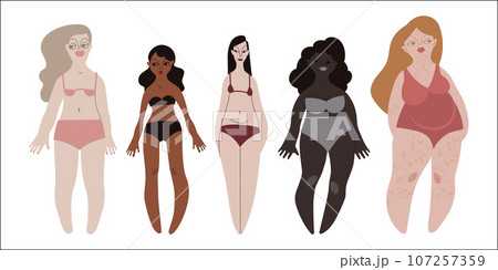 Five diverse women in swimsuits. Various body sizes and shapes. Diversity. Pale, tanned, dark and black skin tone and black, red, and blond hair. Vector illustration in flat style 107257359