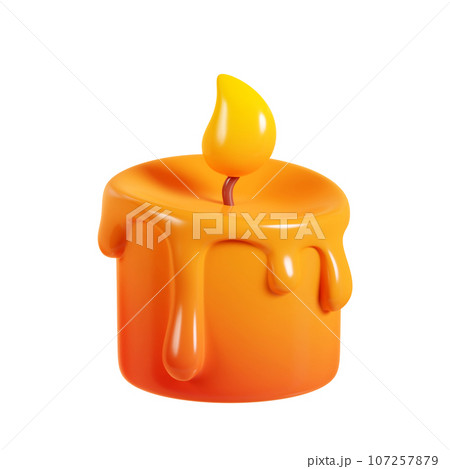 Candle with wick and flame 3d render illustration - cartoon icon of round wax aromatic bright orange burning decoration element for autumn seasonal design. Candlelight object. Candle with wick and flame 3d render illustration - cartoon icon of round wax aromatic bright orange burning decoration element for autumn seasonal design. Candlelight object. 107257879
