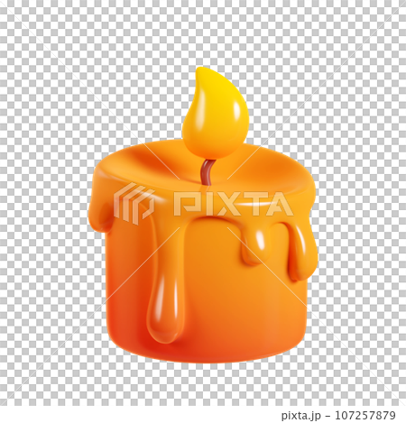 Candle with wick and flame 3d render illustration - cartoon icon of round wax aromatic bright orange burning decoration element for autumn seasonal design. Candlelight object. Candle with wick and flame 3d render illustration - cartoon icon of round wax aromatic bright orange burning decoration element for autumn seasonal design. Candlelight object. 107257879