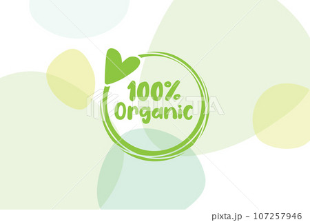 0rganic 100% sign, label, sticker, text design with green line contour and heart, white background 107257946