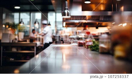 chef is preparing food in a kitchen - blurred background - generative AI 107258337