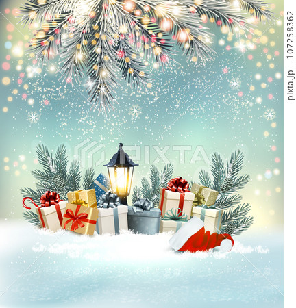 Merry Christmas Background with 2019 and gift boxes and blue ribbon. Vector 107258362