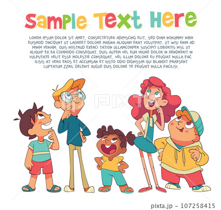 Kids look up interestedly. Child template for your design. Colorful cartoon characters Kids look up interestedly. Child template for your design. Colorful cartoon characters 107258415