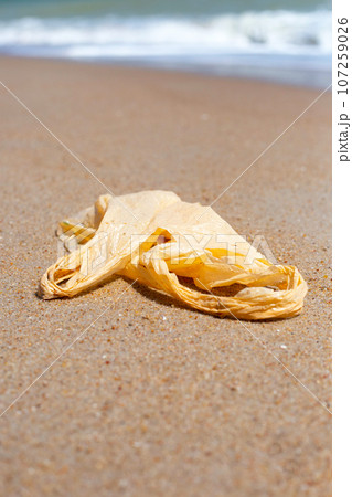 Plastic bag pollution on the beach Plastic bag pollution on the beach 107259026