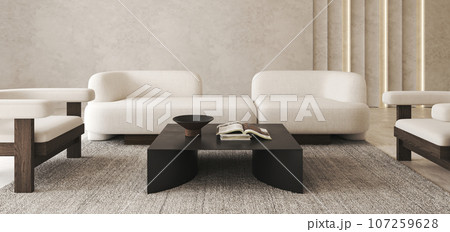 Boho beige livingroom with panels illuminated and decor - carpet background. Light modern japanese nature view. Horizontal banner panoramic background. 3d rendering. High quality 3d illustration Boho beige livingroom with panels illuminated and decor - carpet background. Light modern japanese nature view. Horizontal banner panoramic background. 3d rendering. High quality 3d illustration 107259628