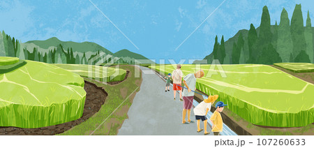 日本の夏の水田原風景手描き水彩風イラスト 107260633