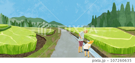 日本の夏の水田原風景手描き水彩風イラスト 107260635
