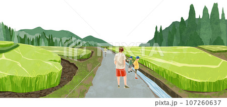 日本の夏の水田原風景手描き水彩風イラスト 107260637