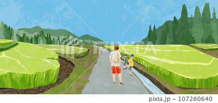 日本の夏の水田原風景手描き水彩風イラスト 107260640